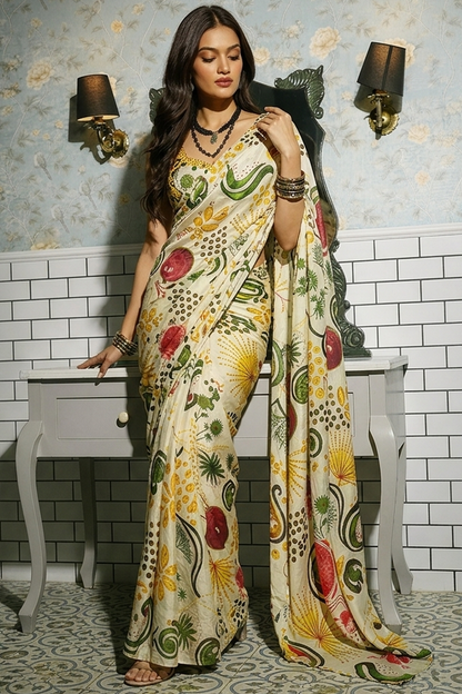 Ivory Mosaic Multicolour Paisley Silk Blend Saree