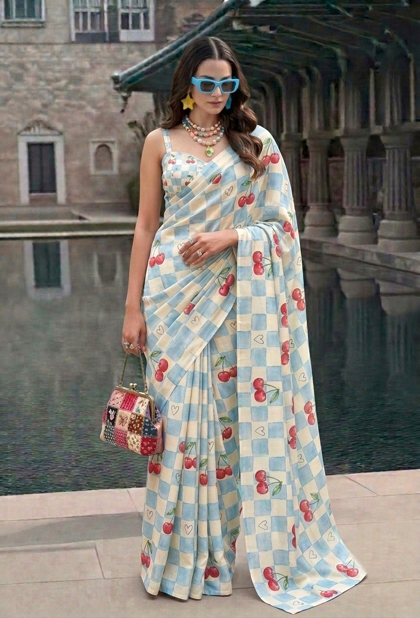 Cherry Blossom Checkered Silk Blend Saree in powder blue and ivory with red cherry print
