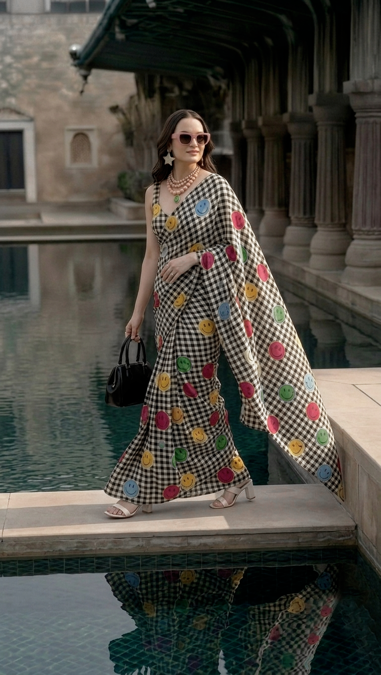 Smiley Face Checks Printed Silk Blend Saree