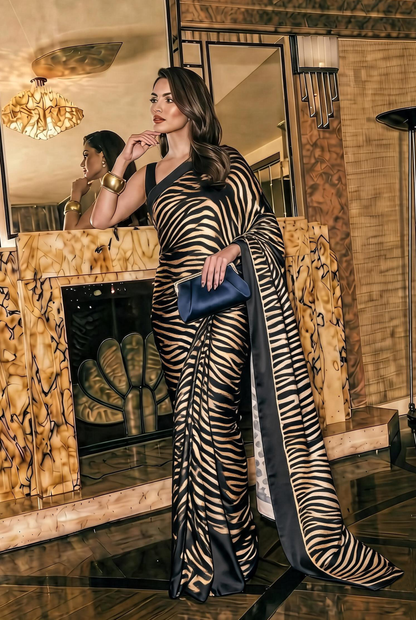 Beige & Black Zebra Print Silk Blend Saree