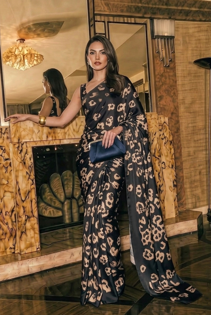 Midnight Leopard Print Silk Blend Saree