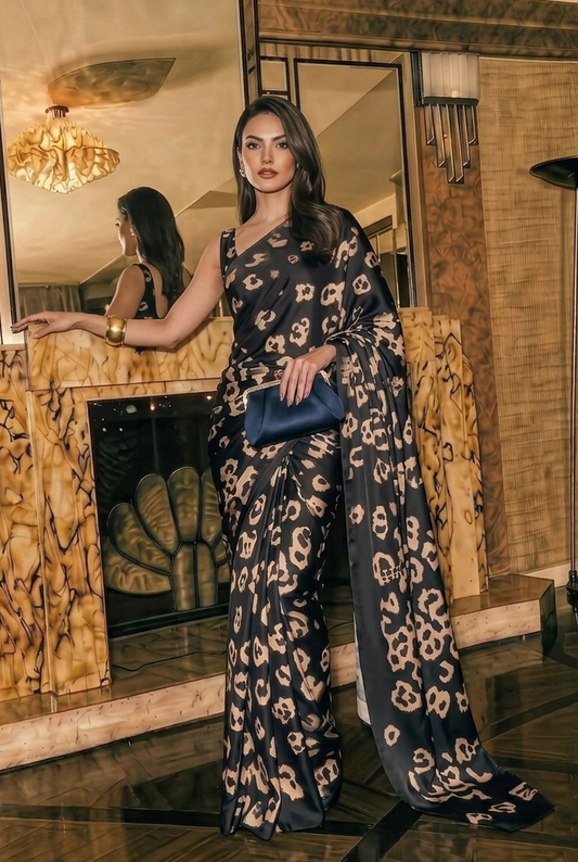Midnight Leopard Print Silk Blend Saree