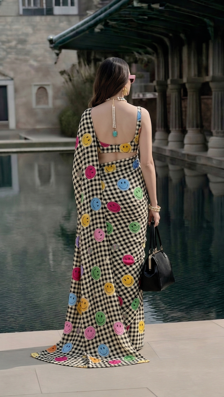 Smiley Face Checks Printed Silk Blend Saree