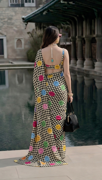 Smiley Face Checks Printed Silk Blend Saree