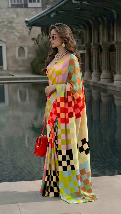 Multicolour Checkered Silk Blend Saree