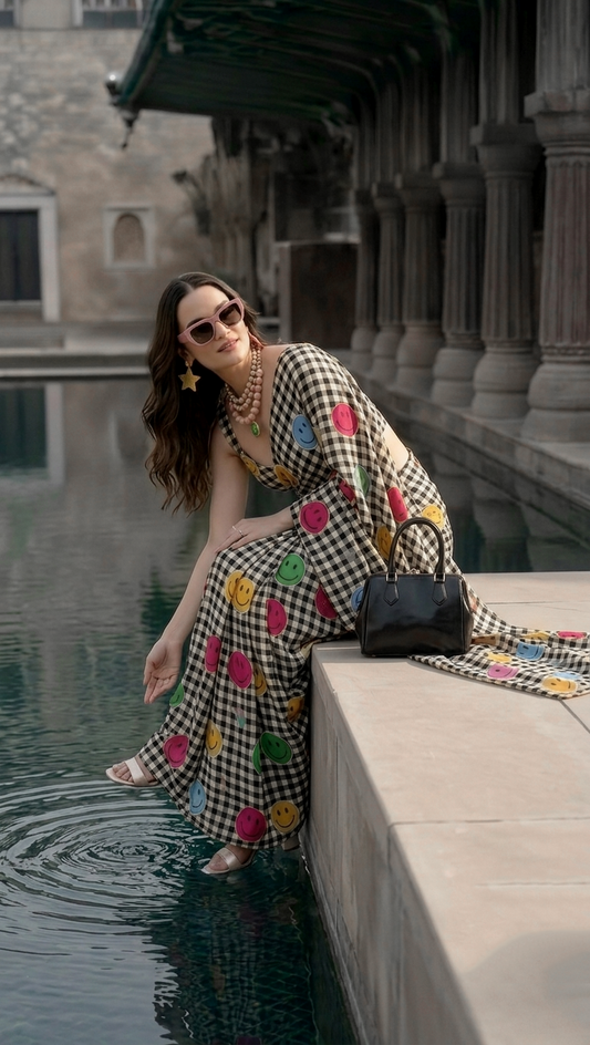 Smiley Face Checks Printed Silk Blend Saree