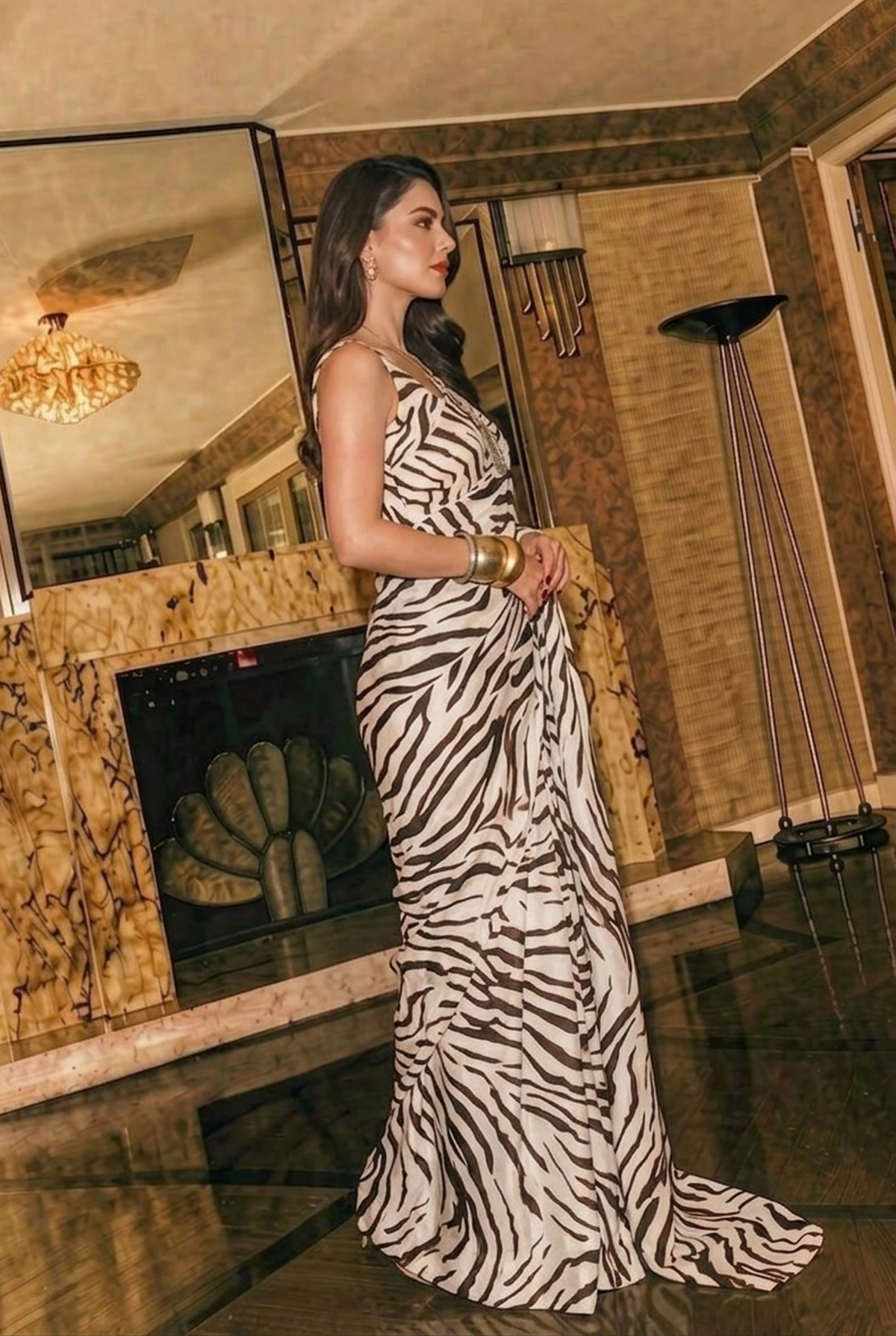 White & Black Zebra Print Silk Blend Saree