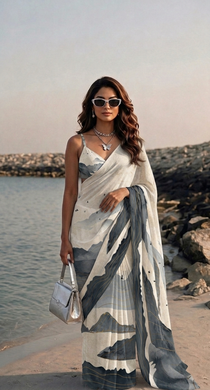 Ivory Grey Abstract Print Silk Blend Saree