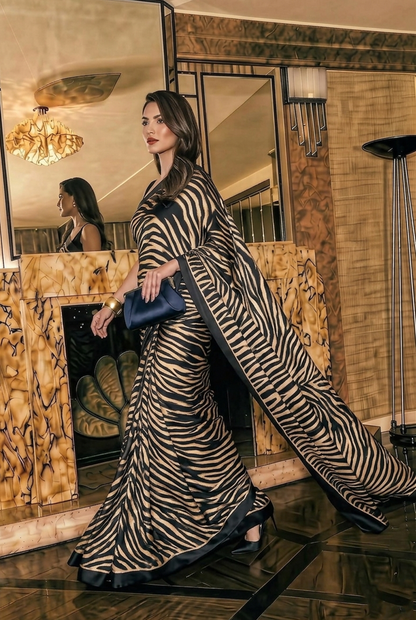 Beige & Black Zebra Print Silk Blend Saree