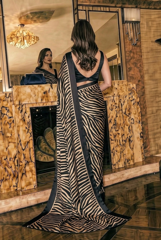 Beige & Black Zebra Print Silk Blend Saree