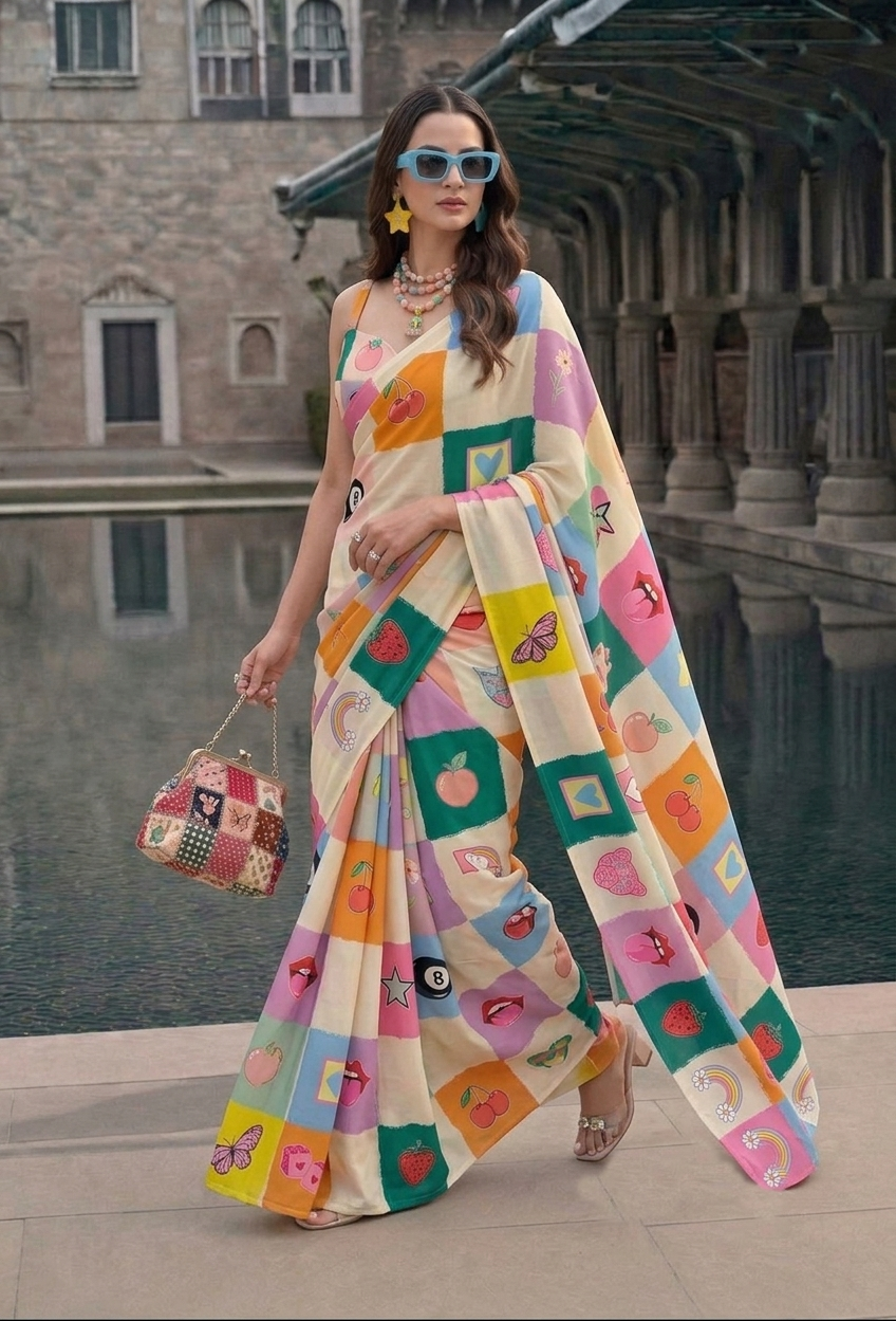 Pop Art Patchwork Printed Silk Blend Saree
