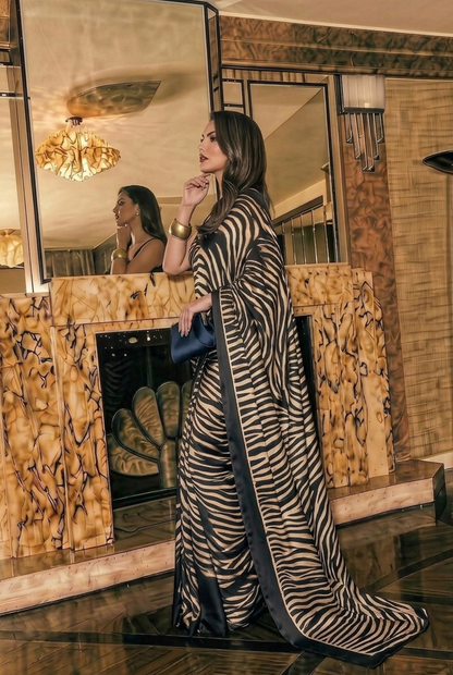 Beige & Black Zebra Print Silk Blend Saree
