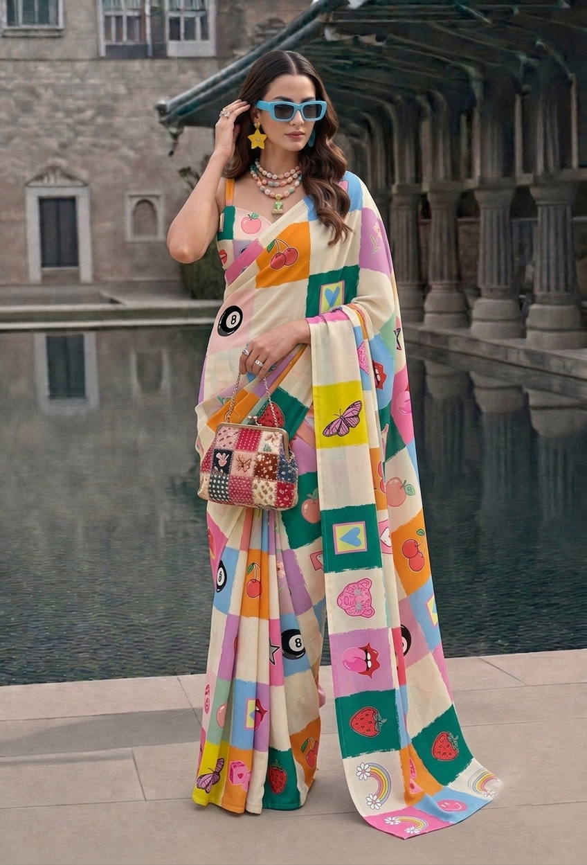 Pop Art Patchwork Printed Silk Blend Saree