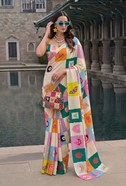 Pop Art Patchwork Printed Silk Blend Saree
