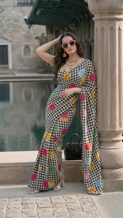 Smiley Face Checks Printed Silk Blend Saree