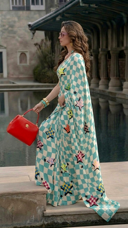 Star Print Checkered Silk Blend Saree