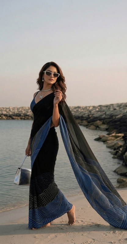 Midnight Blue Wave Print Silk Blend Saree