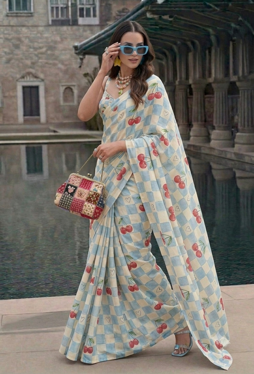 Cherry Blue Checkered Silk Blend Saree