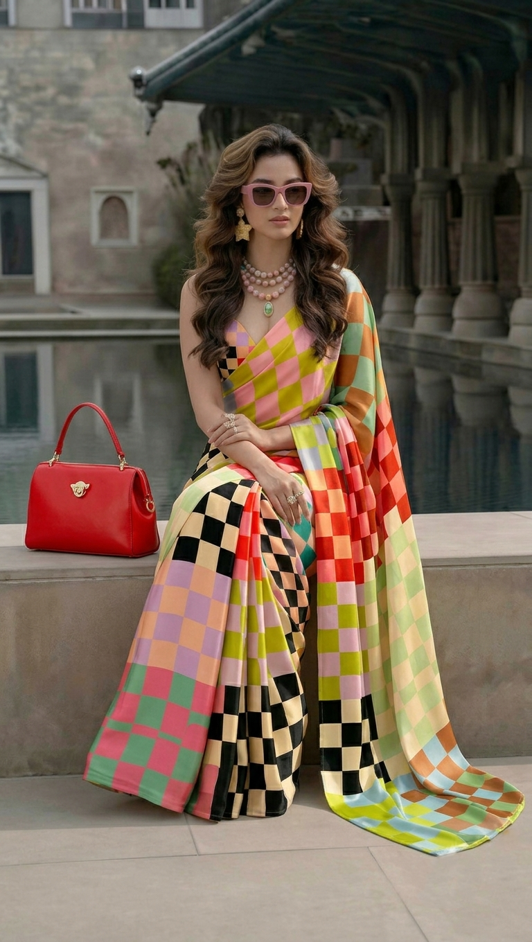 Multicolour Checkered Silk Blend Saree