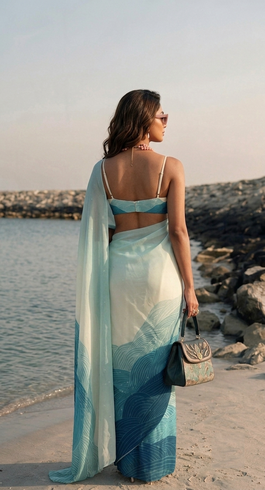 Aqua Wave Print Silk Blend Saree