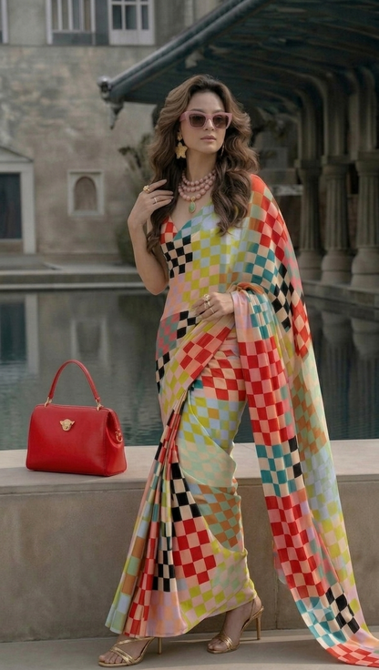 Multicolour Checkered Silk Blend Saree