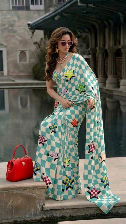 Star Print Checkered Silk Blend Saree