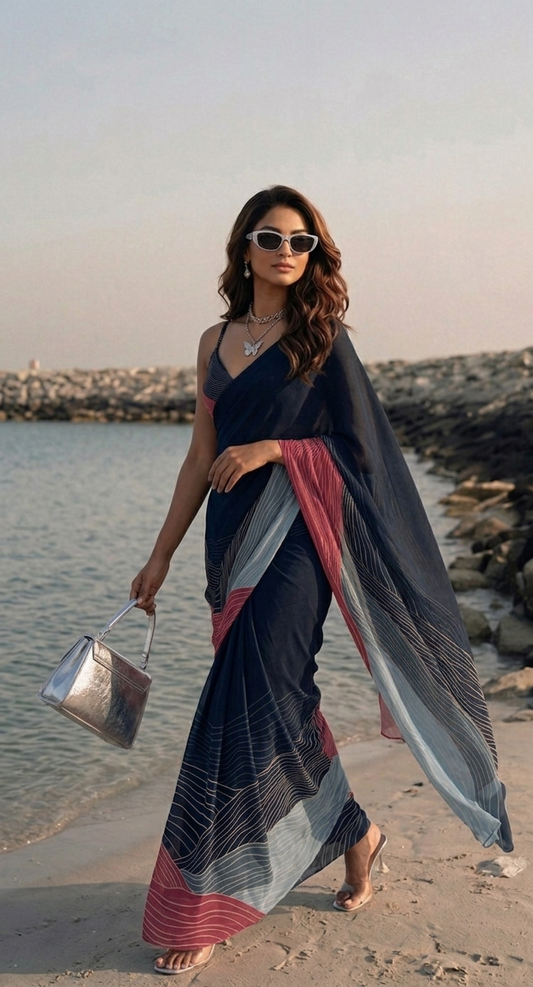 Navy Pink Wave Print Silk Blend Saree