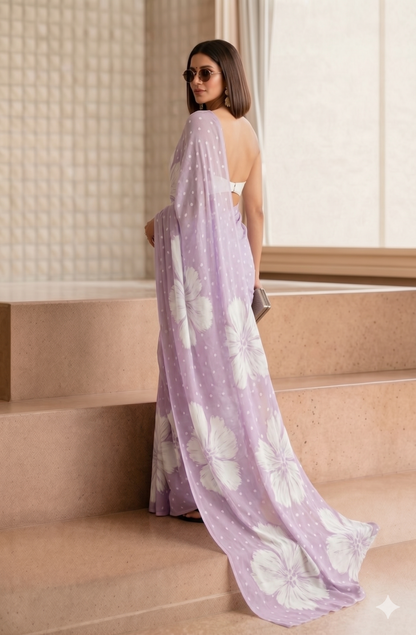 Lavender Floral & Polka Dot Georgette Saree