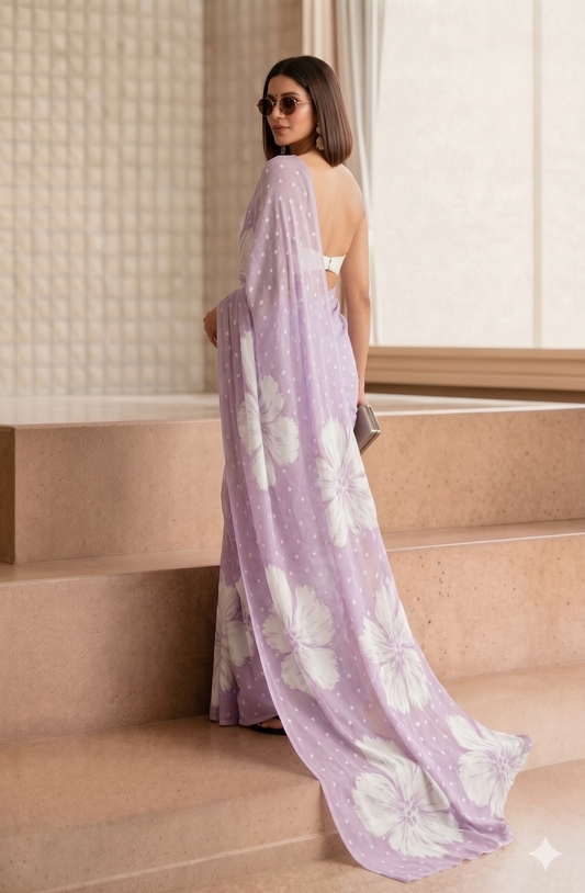 Lavender Floral & Polka Dot Georgette Saree