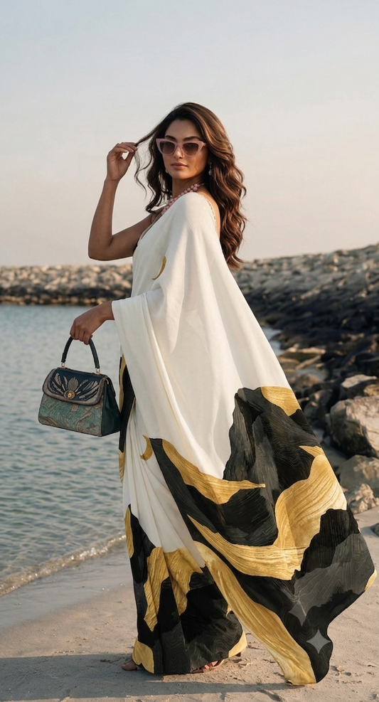 Ivory Black Yellow Abstract Silk Blend Saree