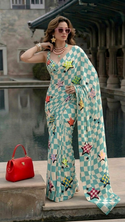 Star Print Checkered Silk Blend Saree