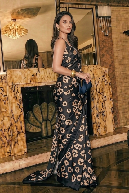Midnight Leopard Print Silk Blend Saree