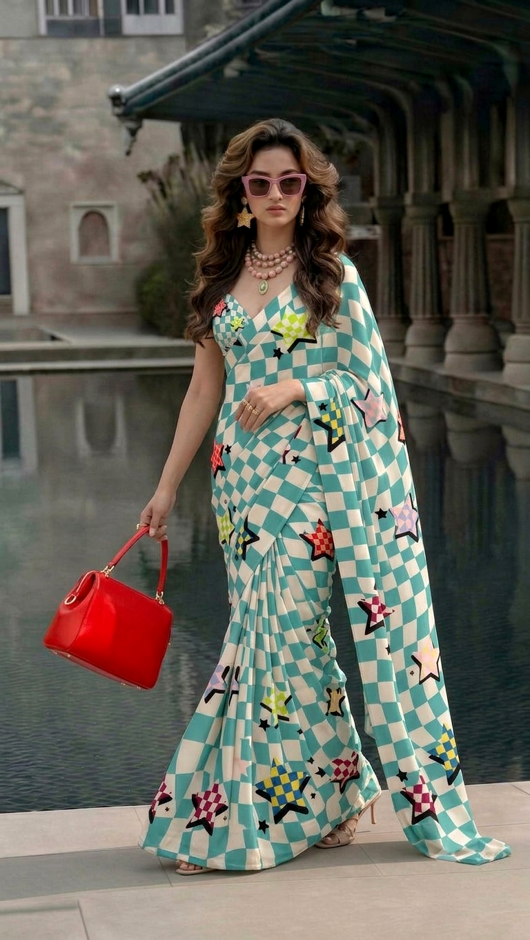 Star Print Checkered Silk Blend Saree