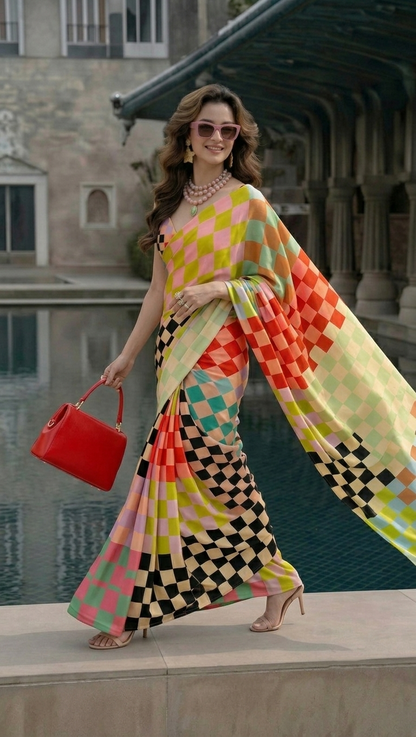 Multicolour Checkered Silk Blend Saree