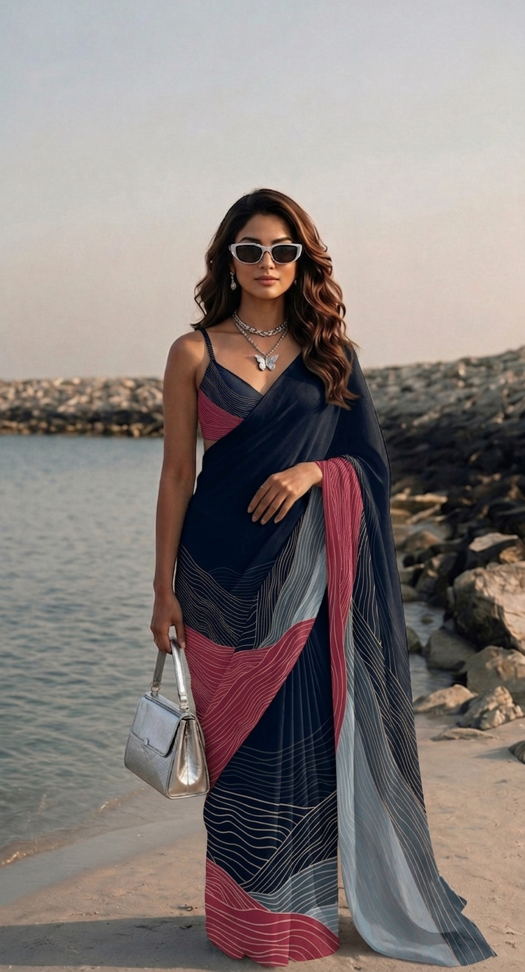 Navy Pink Wave Print Silk Blend Saree