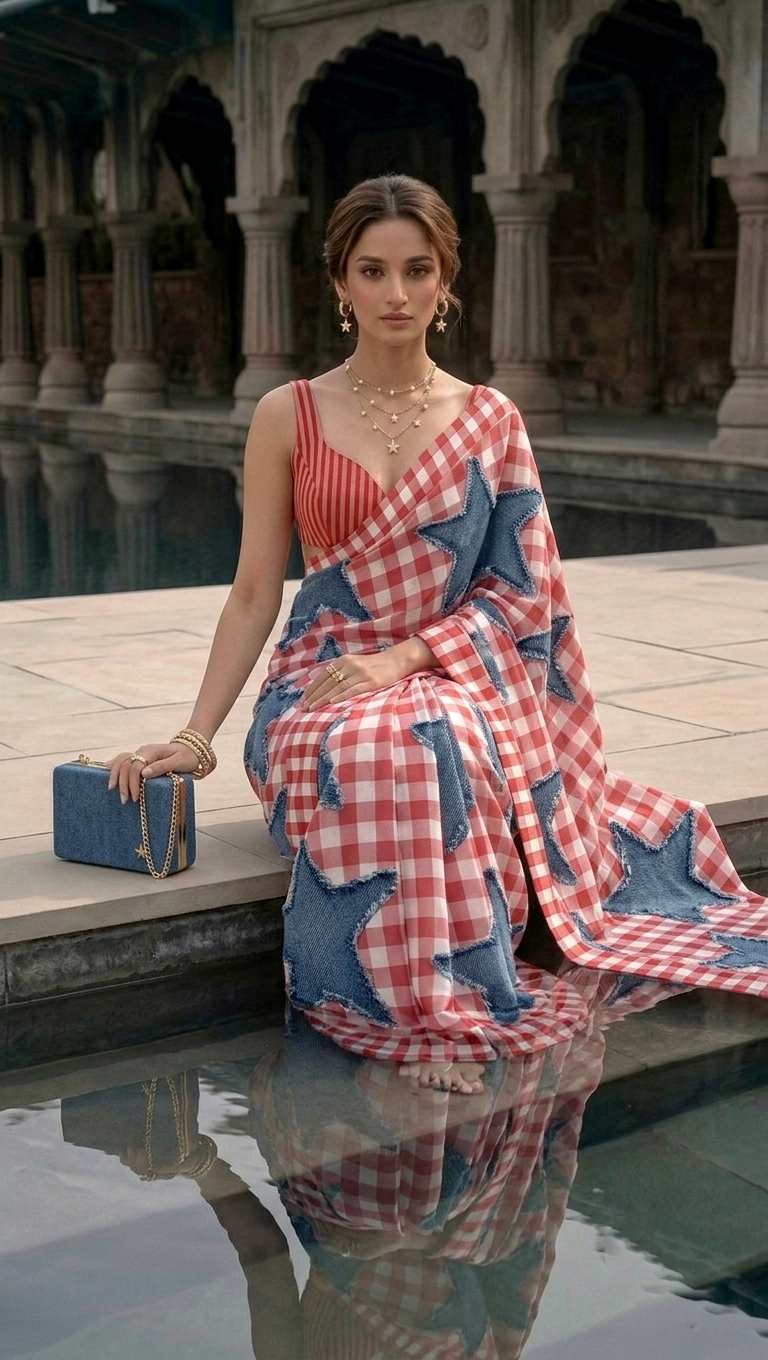 Denim Printed Star Gingham Silk Blend Saree– Printed, Not Appliqué