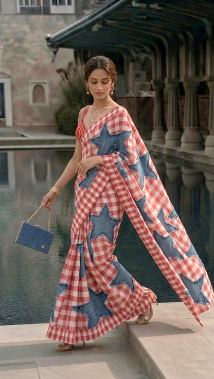 Denim Printed Star Gingham Silk Blend Saree– Printed, Not Appliqué