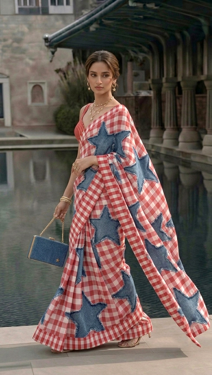 Denim Printed Star Gingham Silk Blend Saree– Printed, Not Appliqué