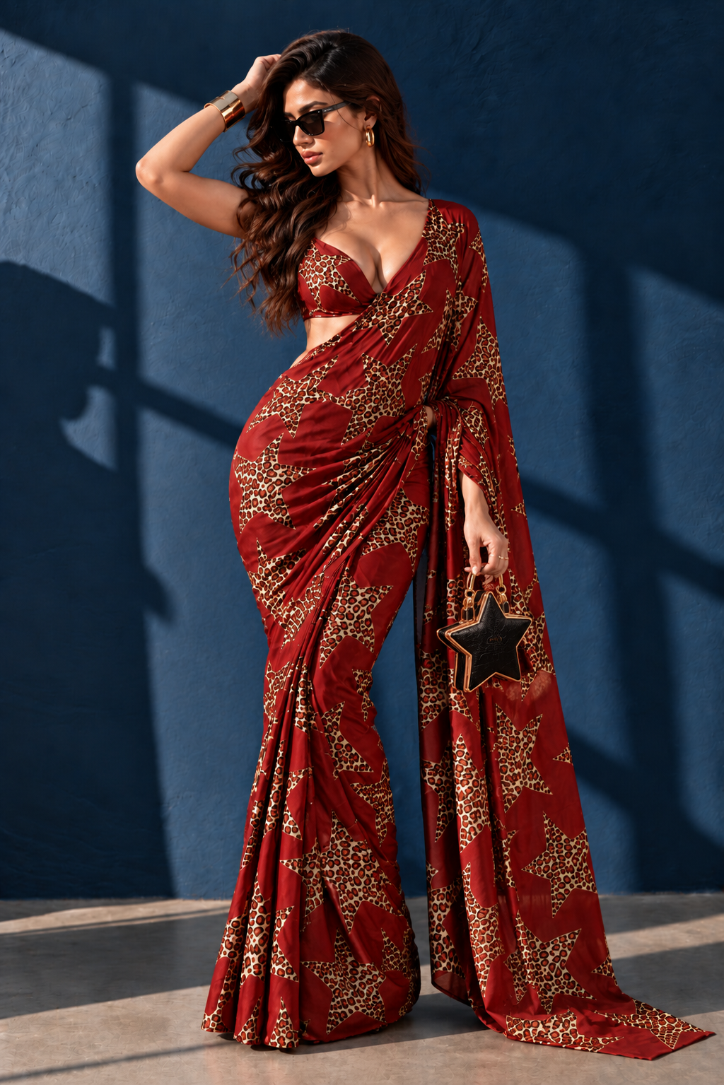 Red Scarlet Star Leopard Print Silk Blend Saree