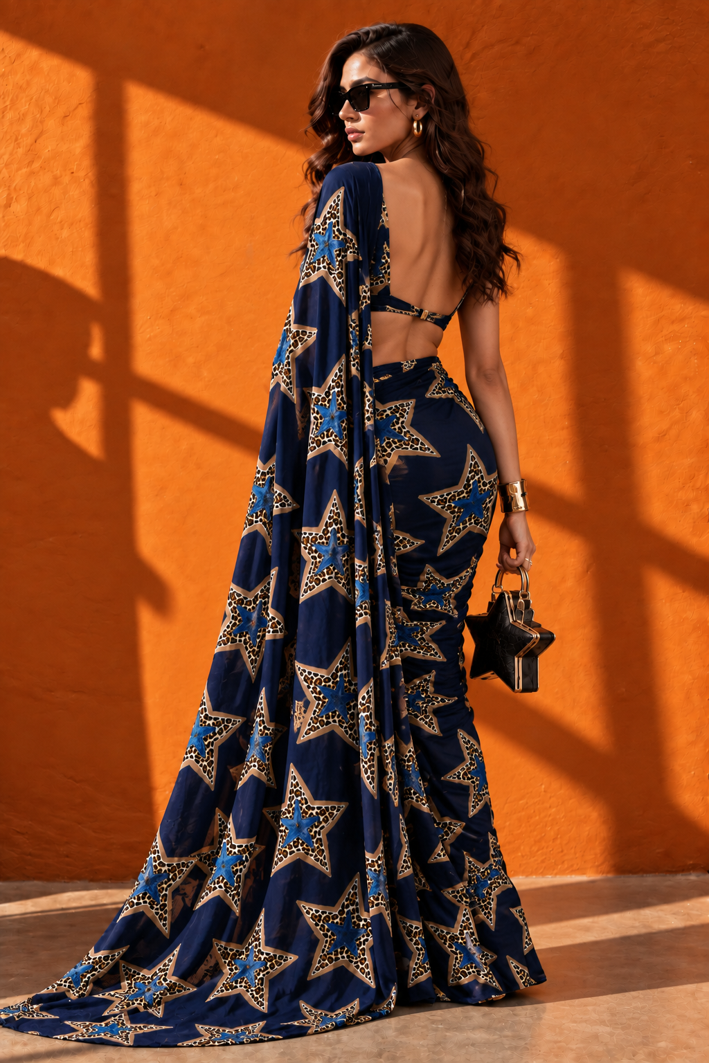 Starstruck Navy Leopard Star Print Silk Blend Saree
