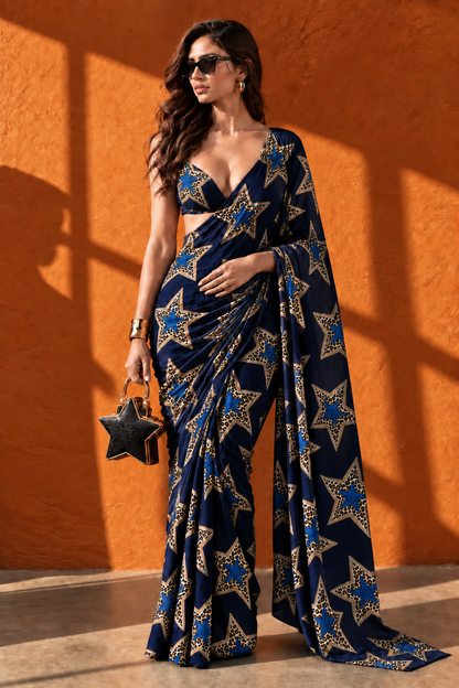 Starstruck Navy Leopard Star Print Silk Blend Saree