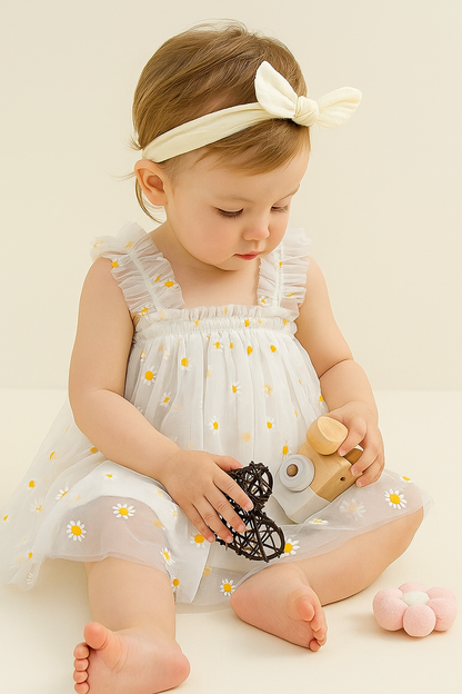 Sweet White Net Tulle Baby Dress with Daisy Print - Princess Party Frock
