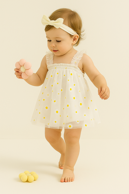 Sweet White Net Tulle Baby Dress with Daisy Print - Princess Party Frock