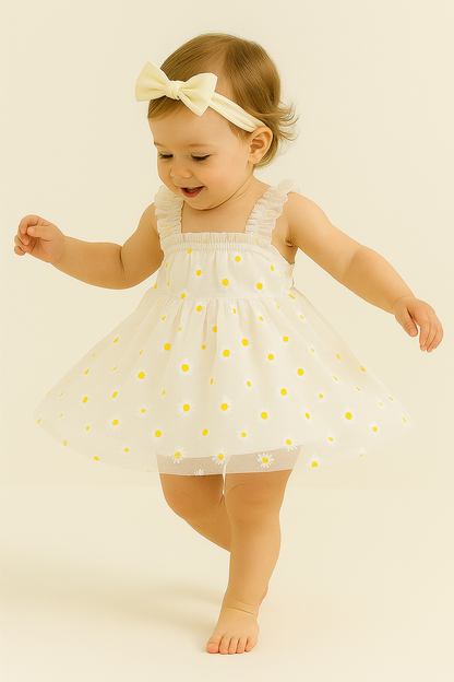Sweet White Net Tulle Baby Dress with Daisy Print - Princess Party Frock