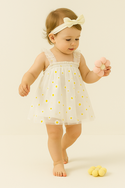 Sweet White Net Tulle Baby Dress with Daisy Print - Princess Party Frock