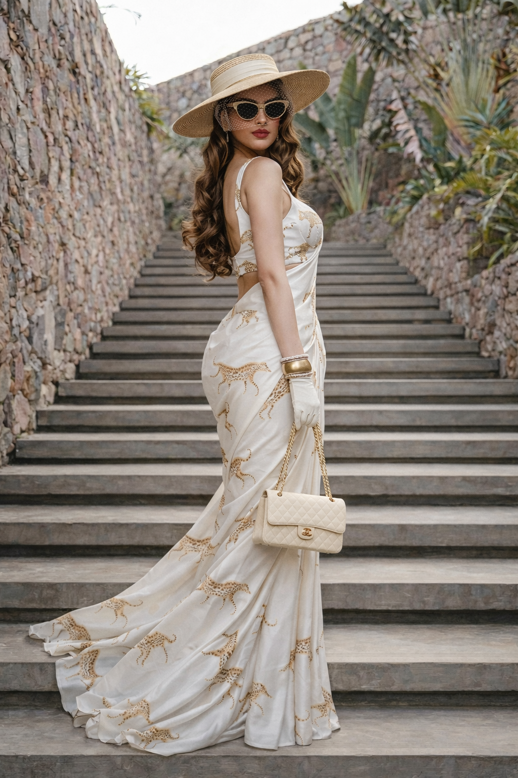 Ivory White Cheetah Print Silk Blend Saree