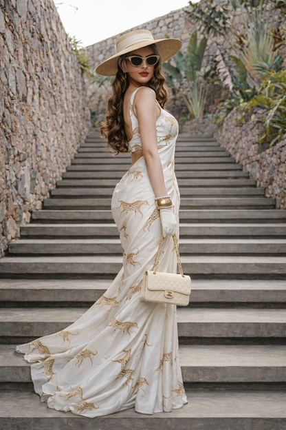 Ivory White Cheetah Print Silk Blend Saree