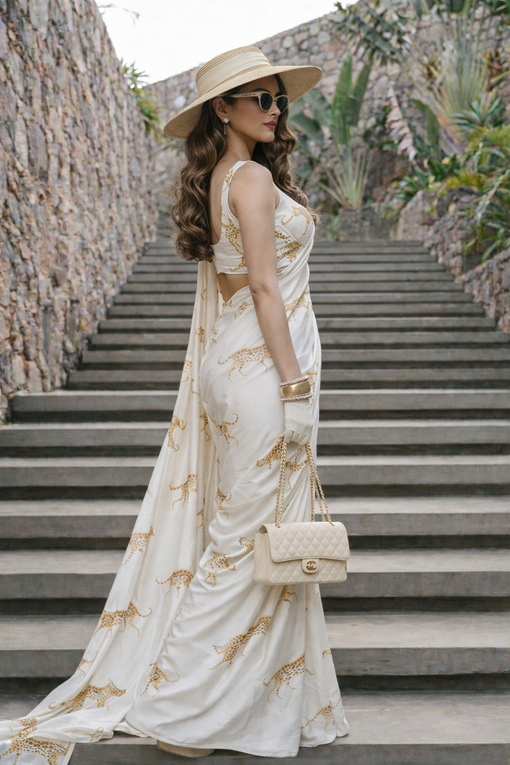 Ivory White Cheetah Print Silk Blend Saree