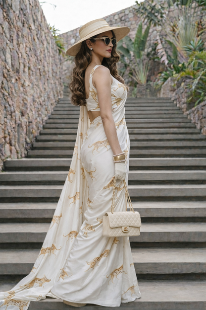 Ivory White Cheetah Print Silk Blend Saree