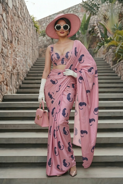 Blush Pink Leopard Print Silk Blend Saree